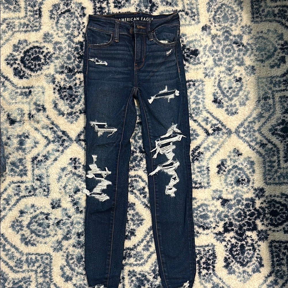 American Eagle Outfitters Blue Skinny Jeans with Distressed Details